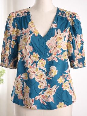 Joie Teal Floral V-Neck Blouse with Pink and Cream Accents